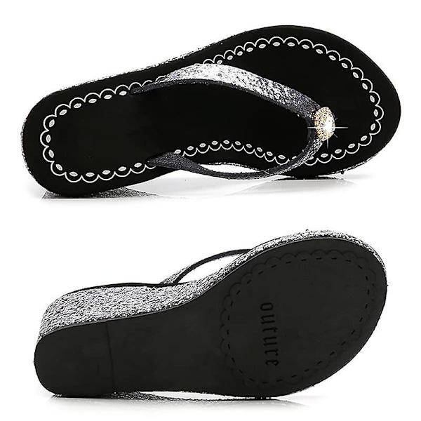 Kilehælssandal med plateausål til kvinder, åben tå, højhælede flipflops, skridsikre, bløde rhinsten, glitter, ædelsten - WELLNGS White US 8.5