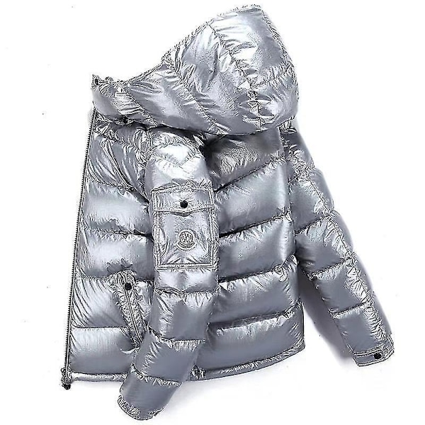 Shiny Down Jacket Winter Jacket Stand Collar Down Jacket with Hood-WELLNGS Silver XL