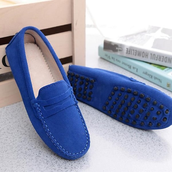 Dame Sko 2023 Ekte Lær Dame Flate Sko Casual Loafers Slip On Dame Ballerinaer Moccasins Dame Kjøresko-WELLNGS Royal Blue 9