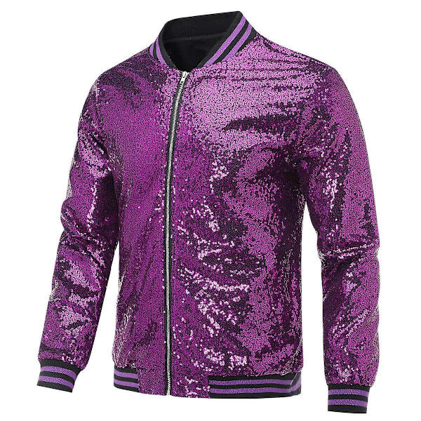 Allthemen Herre Sequin Casual Zipper Fest Bomber Jakke-WELLNGS Purple S