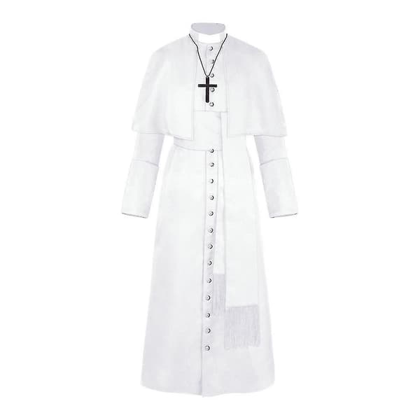 Solid Pastor Cos Kostym Halloween Präst Medeltida Retro Cosplay Kostym-WELLNGS White S