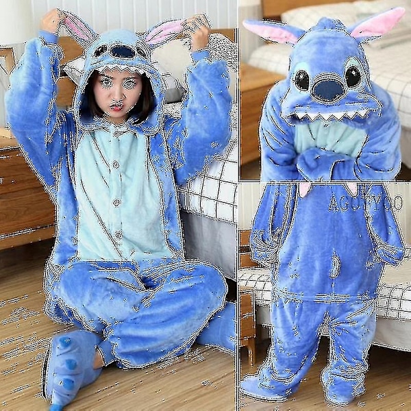 En-delt dyre-plysj pyjamas til voksne og børn - WELLNGS Blue Stitch 90-100CM