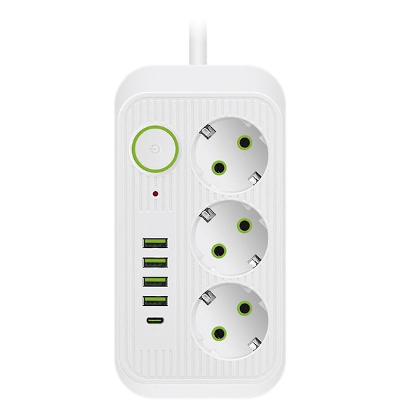 Hvit 2M EU-plugg Multi-Standard stikkontaktforlengelseskabel Strømskinne med USB Type-C Hurtiglading Nettverksfilteradapter - WELLNGS