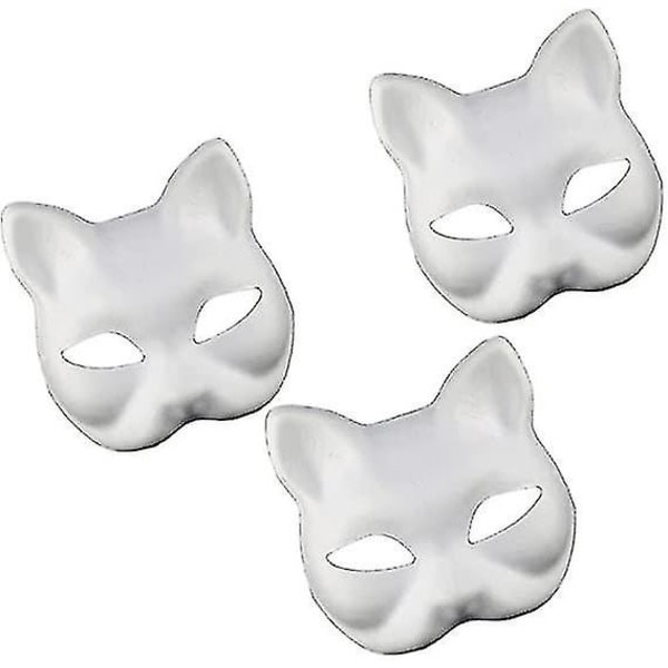 3-delt kattemaske, hvidt papir, håndmalet maske, umalet dyrehalvmaske-WELLNGS