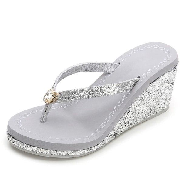 Kilekile Wedges Platform Flip Flops med åpen tå, høyhælte flipflops med sklisikker, myk rhinestones glitter Gem-WELLNGS White gold US 5