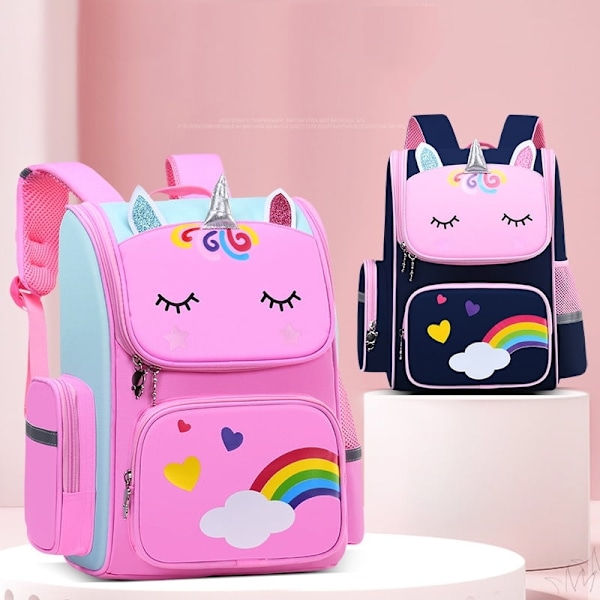 Ryggsäck för grundskoleelever Enhörning 3D Cartoon Skolväska Barn Ny Kindergarten Väska Flicka Pojke Söt Regnbåge Mochila Escolar-WELLNGS pinkl