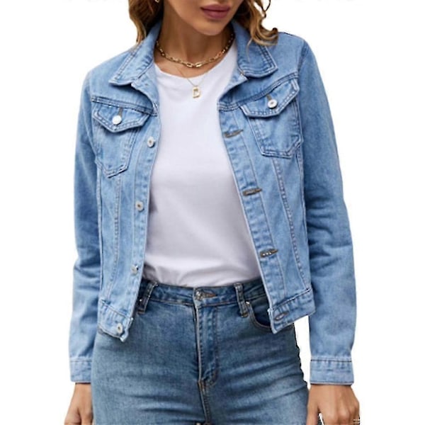 Dame Kortærmet Denimjakke med Knapper og Lommer - WELLNGS Light blue M