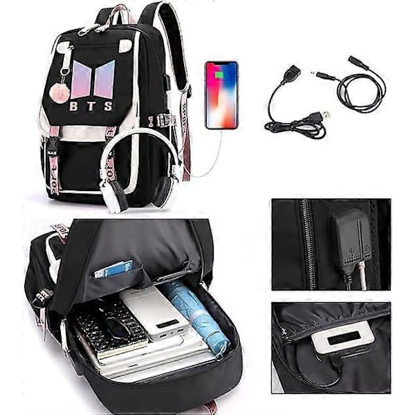Kpop BTS Skole Rygsæk Merchandise, Funktioner USB og Audio Kabel Interface Breakers, Velegnet til Studerende, BTS Laptop Rygsække-WELLNGS