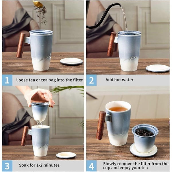 Tekop med låg, porcelænskop med rustfrit stål te-infuser, gradient farve stor keramisk tekop, velegnet til kontor og hjemmebrug - WELLNGS Blue White Gradient