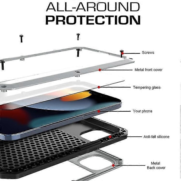 Kompatibel med Iphone 15 Stöttåligt Liv Vattentätt Dammtätt Metall + Silikon Mobiltelefonfodral-WELLNGS Silver iPhone 15