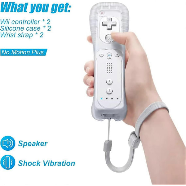 Erstatnings-Wii-kontroller 2-pakning, Wii-fjernkontroll med silikondeksel og håndleddsstropp, fjernkontroll for Wii/Wii U, hvit - WELLNGS