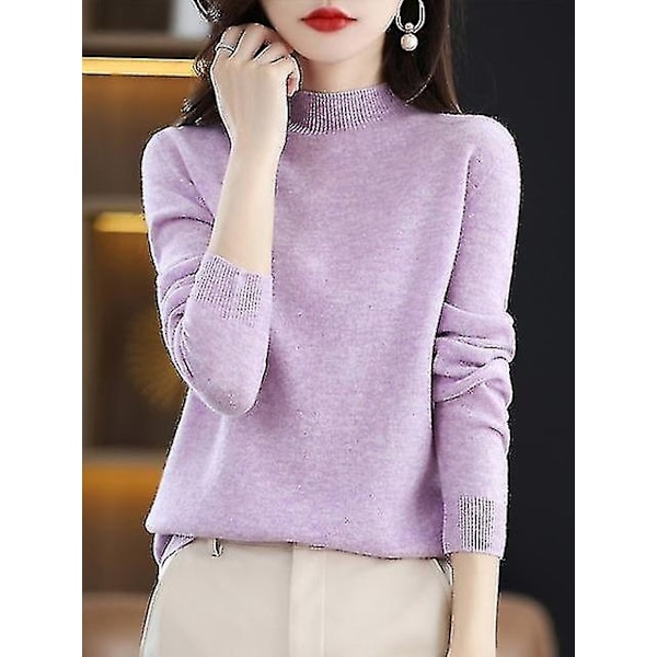 100% ull kashmirtröja dam stickad tröja turtleneck långärmad pullover höst vinter kläder varm tröja toppar-WELLNGS Light Purple China XXL