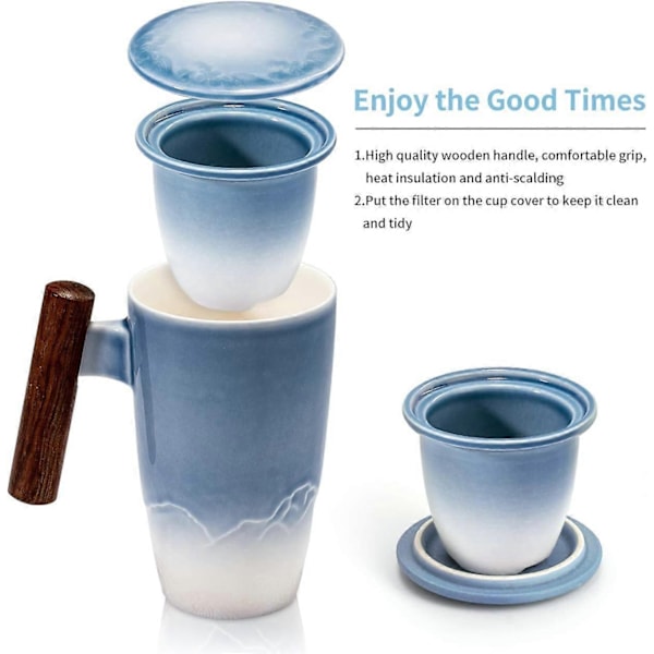 Tekop med låg, porcelænskop med rustfrit stål te-infuser, gradient farve stor keramisk tekop, velegnet til kontor og hjemmebrug - WELLNGS Blue White Gradient