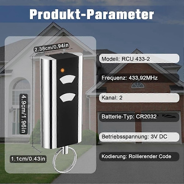 Garagefjärrkontroll för Entrematic RCU 433-2, för Crawford Standard Steel 433.92 Garageportnyckel-WELLNGS