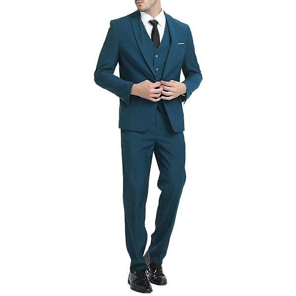 Allthemen Herre Dress 3-delt Business Solid Slim Fit Dressjakke&amp;Bukser&amp;Vest-WELLNGS Sea Blue 3XL