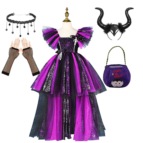 Disney Hexe Kostyme Jenter Lilla Mesh Slående Kjole Maleficent Deluxe Jenter Fancy Halloween Party Barn Rollelek Kostyme  07-WELLNGS Witch Sets 07 8-9Y