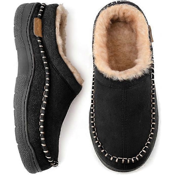 Mænds Mocassin-Tøfler, Indendørs/Udendørs Varme Plys Behagelige Hjemmesko, Fluffy Bredsålede Tøfler - WELLNGS Black 7-8