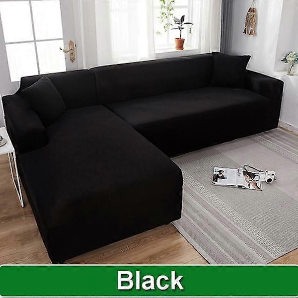 Solidt Sofabetræk til Stue Sofabetræk Elastisk L-Formet Hjørnesofabetræk Strækbetræk til Sofa - WELLNGS black-Sofa Cover 3 Seater 185-230cm