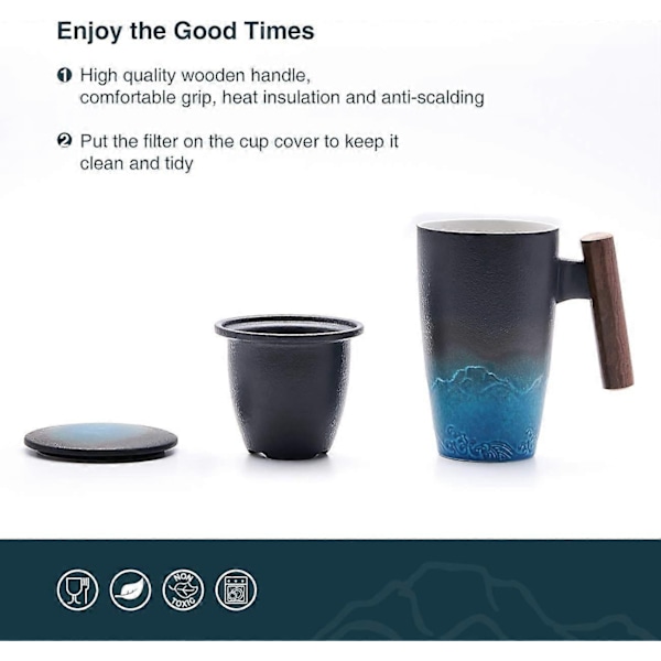 Tekop med låg, porcelænskop med rustfrit stål te-infuser, gradient farve stor keramisk tekop, velegnet til kontor og hjemmebrug - WELLNGS Black Cyan Gradient