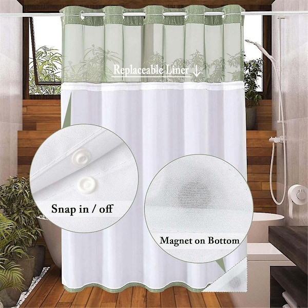 No Hook Waffle-Weave Duschdraperi med Snap-in Tygfoder Set för Badrum, Hotelstil med Mesh Toppfönster,C-WELLNGS