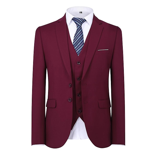 Allthemen Herresæt til Bryllup Fest Middag 3-delt Business Sæt Blazer Vest Bukser 9 Farver-WELLNGS Red S