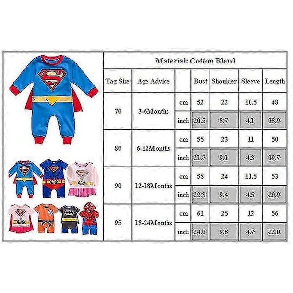 3-24 Månader Baby Superhjälte Sparkdräkt Kort/lång Ärm Jumpsuit-WELLNGS Superman C 6-12 Months