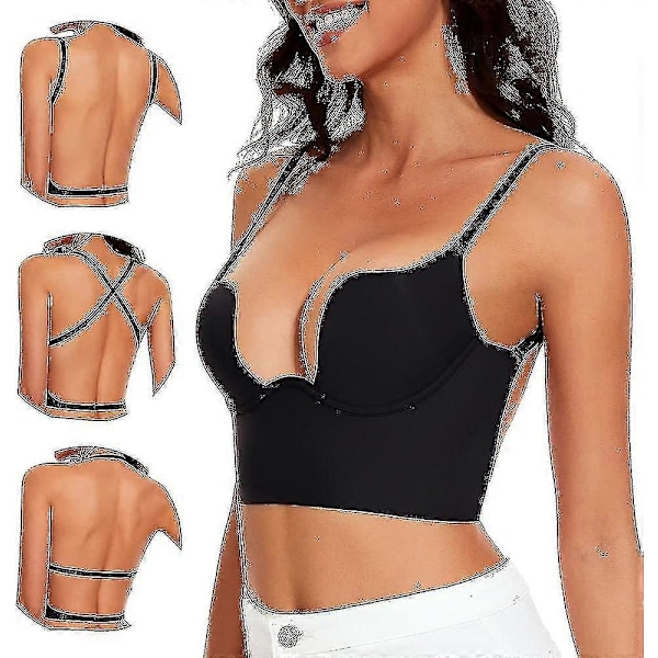 Dame Bh'er med Lav Ryg - Sømløs Dyb U-Formet Halter Bh'er Konvertible Multi-Vejs Lav Udsnit Halter Bh'er Camisole Bh'er - WELLNGS Black 34B