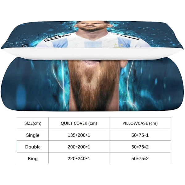 2 kappaletta Messi-pussilakanasetti 3D-vuodevaatteet Lionel-pussilakanasetti, ultrapehmeä mikrokuitu vetoketjulla suljettavilla tyynyliinoilla Single-WELLNGS Single135x200cm