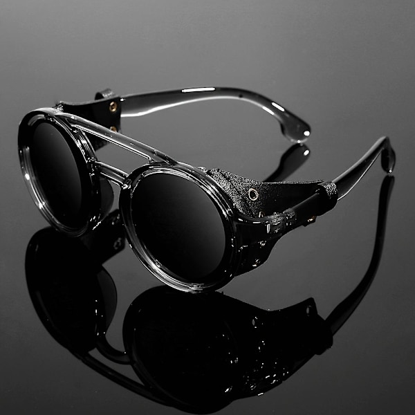 Retro Premium Cool Steampunk Runde Solbriller med PU Læder Skjolde & Dobbelte Broer, til Mænd Kvinder Udendørs Fest Ferie Rejse Kørsel - WELLNGS Transparent Grey