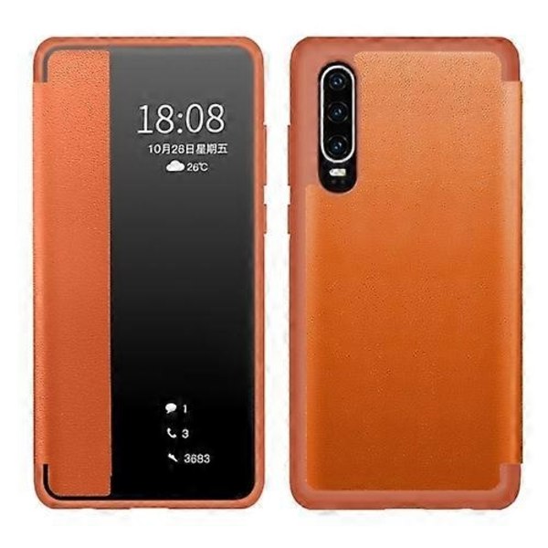 Yhteensopiva Huawei P30 Pro Magneettisen Sivun Ikkunanäkymän Iskunkestävän Vaakasuuntaisen Käännettävän Nahkaisen Älykotelon kanssa - WELLNGS Orange