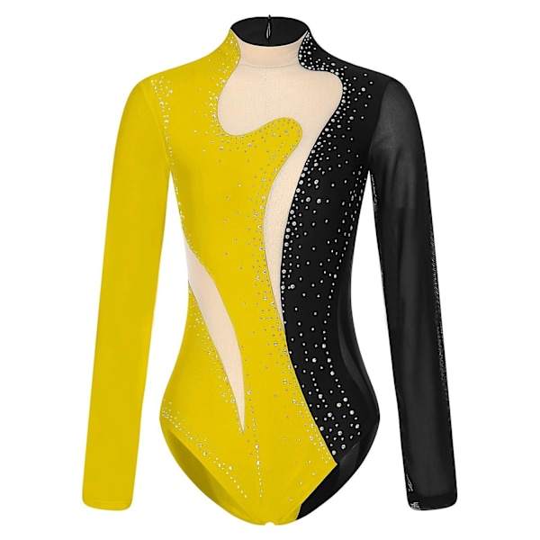 Dam glänsande metallicballet dans leotard vuxna gymnastik body långärmad lappverk akrobatik konståkning jumpsuit-WELLNGS BlackYellow B XXL