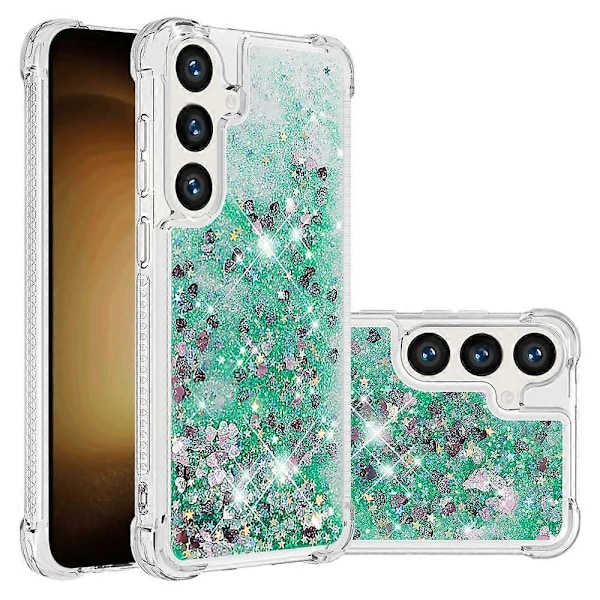 YB Quicksand Series-1 Yhteensopiva Samsung Galaxy S24+ -kotelon kanssa, nestemäiset kelluvat paljetit TPU-suojus - WELLNGS Green Hearts