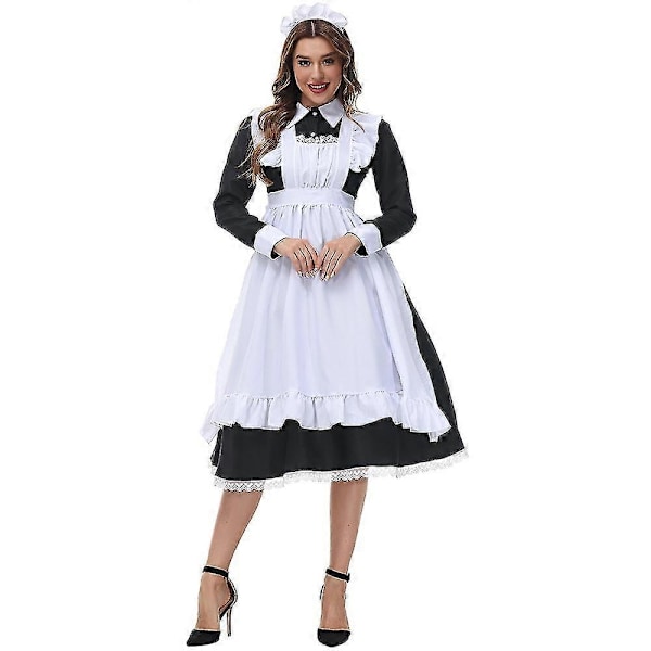Halloween Kostume Engelsk Blonder Pigepige Kostume Sort og Hvid Midi Skørt Butler - WELLNGS 170cm