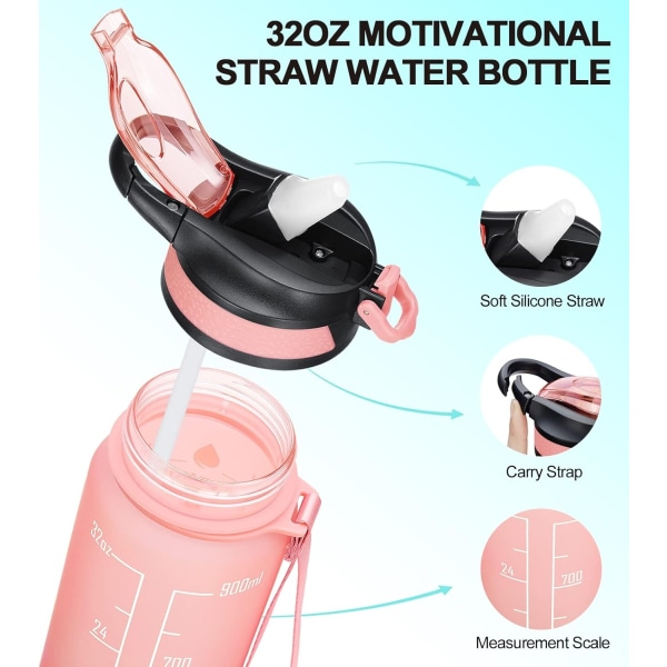 Vattenflaska med sugrör och handtag med spänne, rosa (1 liter)-WELLNGS