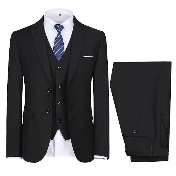 Allthemen Herresæt til Bryllup Fest Middag 3-delt Business Sæt Blazer Vest Bukser 9 Farver-WELLNGS Black S