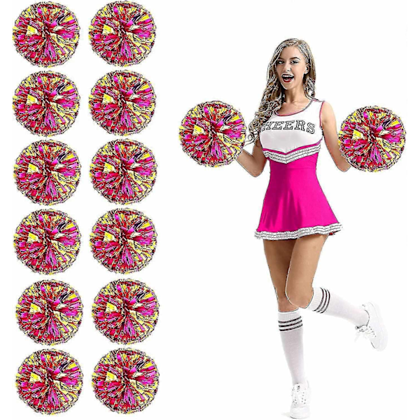 12 st Cheerleading Pom Poms med Fingerhål Metallisk Folie Cheer Pom Poms-WELLNGS Medium Rose Pink Gold