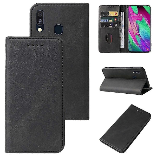Kompatibel med Samsung Galaxy A40 Magnetisk Stängning Läderfodral-WELLNGS Black