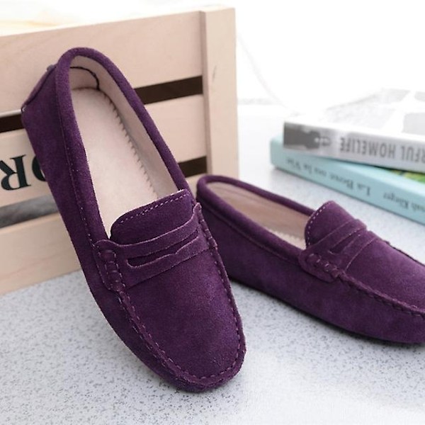 Dame sko 2023 Ægte læder dame flade sko casual loafers slip on dame flade sko mokkasiner dame køresko-WELLNGS Grape Purple 4