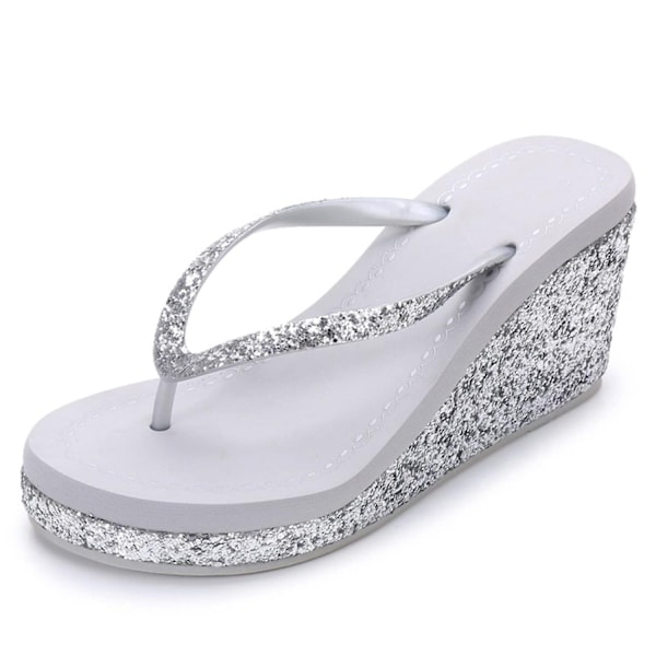 Kileplattform Flip Flop med åpen tå for kvinner, høyhælte flipflops med ikke-sklisikre, myke rhinestones og glitter, Gem-WELLNGS White US 8.5