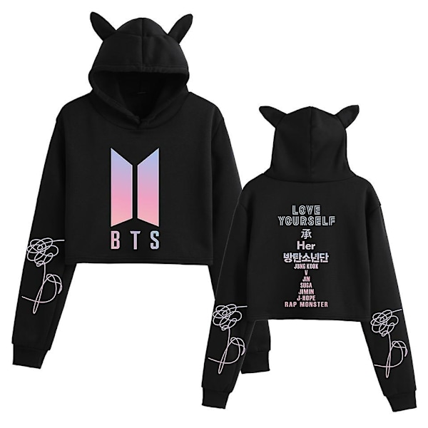 Bts koreansk gruppe perifer casual navel-baring katteører pige trykt sweatshirt-WELLNGS Black A M