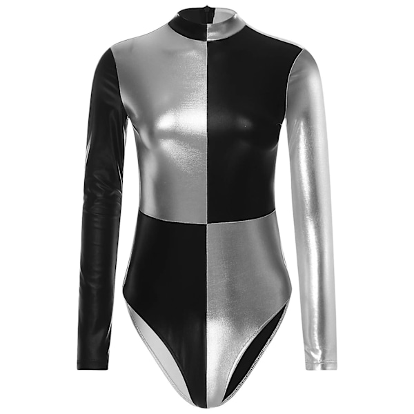 Womens Shiny Metallicballet Dance Leotard Adults Gymnastics Bodysuit Long Sleeve Patchwork Acrobatics Figure Skating Jumpsuit-WELLNGS Silver A XXL