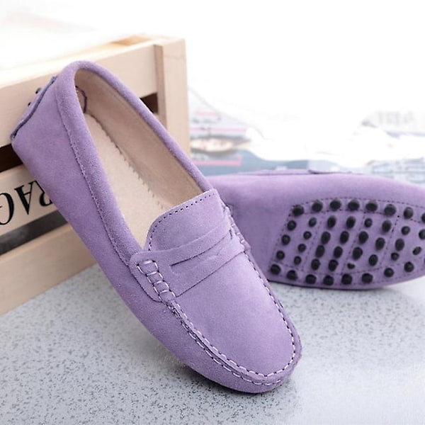 Dame sko 2023 Ægte læder dame flade sko casual loafers slip on dame flade sko mokkasiner dame køresko-WELLNGS Light Purple 8