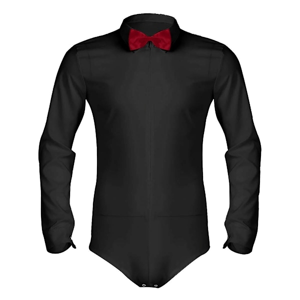 Miesten vetoketjullinen latinalaistanssipaita rusettilla, yksivärinen haalaripaita, miesten tanssiasu, pitkähihainen vartalopaita - WELLNGS Black XL