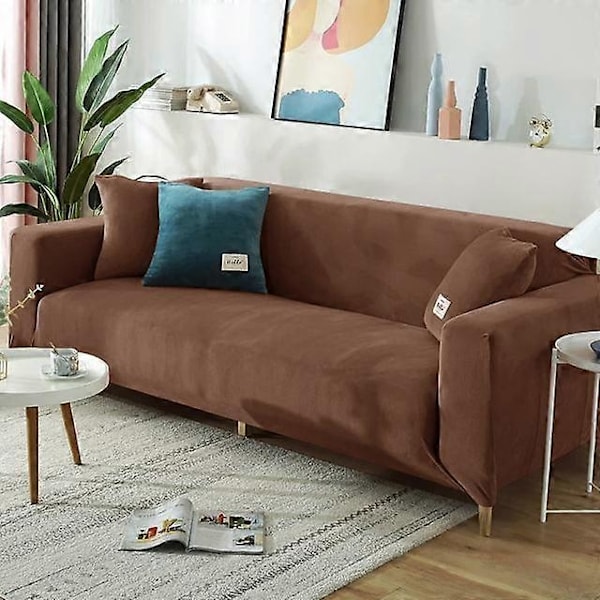 Vinter Sammetssofföverdrag Kompatibla med Vardagsrum Elastiska Möbelsofföverdrag Schäslong Hörna L-formad Sofföverdrag 1 /2 /3 /4-WELLNGS coffee 4seater 230-300cm