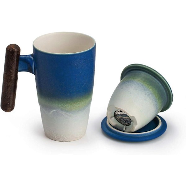 Tekop med låg, porcelænskop med rustfrit stål te-infuser, gradient farve stor keramisk tekop, velegnet til kontor og hjemmebrug - WELLNGS Navy Blue