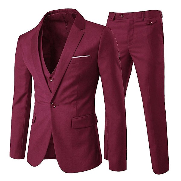 Allthemen Herrehabit 3-delt Business Solid Slim Fit Habit Jakke&amp;Bukser&amp;Vest-WELLNGS Wine Red S