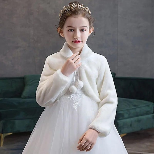 Pigebørn Prinsesse Tyk Plysjakke Afgrøde Wraps Sjal Blomsterpiger Lange Ærmer Bolero Varmt Kappe Bryllup Fødselsdagsfest Frakke -WELLNGS White XL(150-160cm )