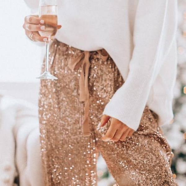 Naisten Glitter-Housut, Korkealla Vyötäröllä, Joustavat, Kiiltävät Housut - WELLNGS champagne S