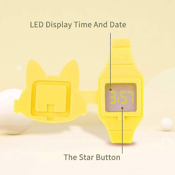Barnklocka, flickklocka Digital Söt Form LED Mode Silikonarmband Clamshell Design Armbandsur Flicka-WELLNGS 06-LightYellow