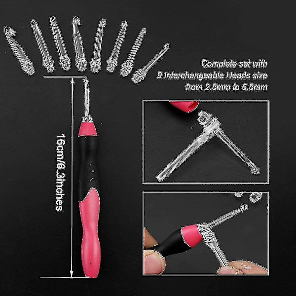Lyserende Hæklenålssæt, 9 Størrelser Udskiftelige Hoveder 2,5 mm til 6,5 mm, med Ergonomisk Greb, Genopladelig Lyserende Hæklenål Kompletsæt - WELLNGS